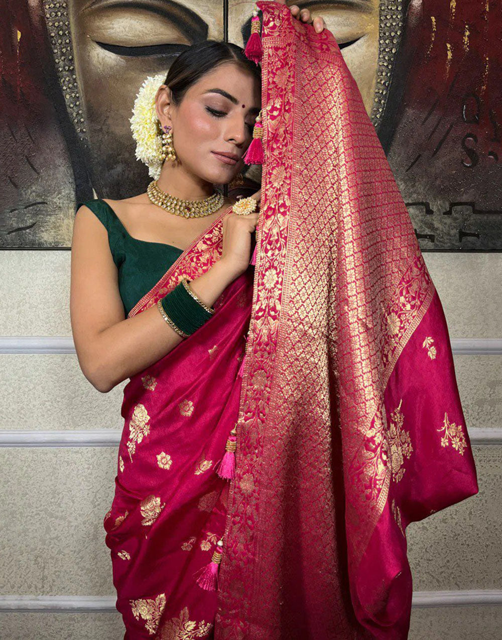 Rani Pink Banarasi Silk Saree With Zari Weaving Work