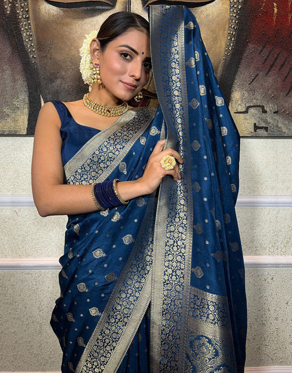 Prussian Blue Designer Banarasi Silk Saree With Zari Weaving Work