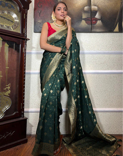 Dark Green Designer Banarasi Silk Saree With Zari Weaving Work