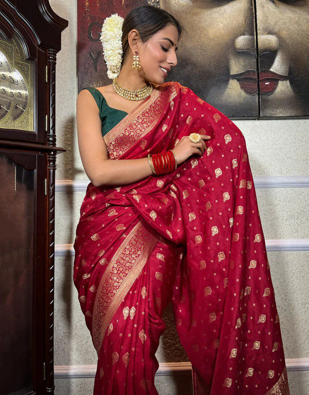 Dark Red Designer Banarasi Silk Saree With Zari Weaving Work