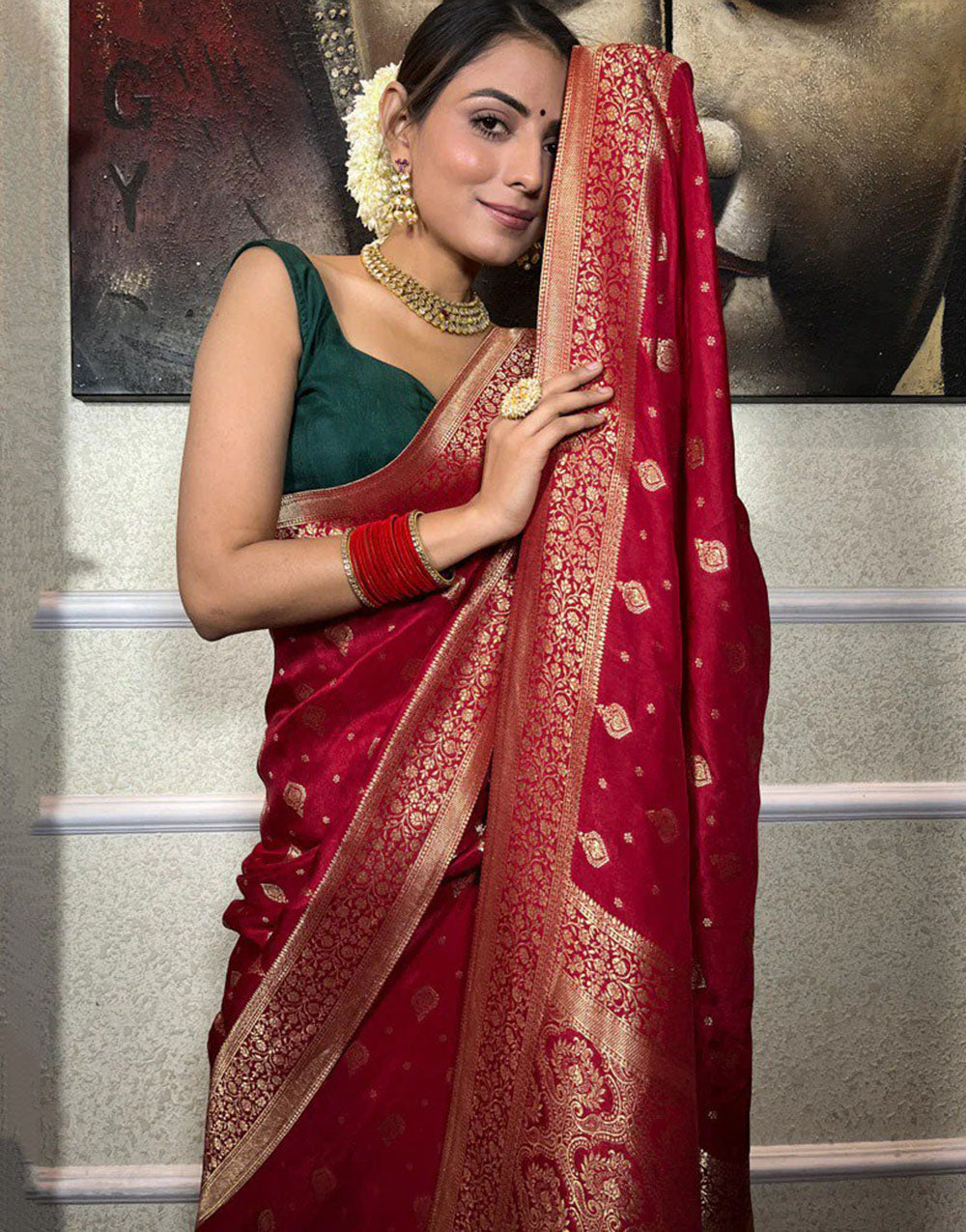 Dark Red Designer Banarasi Silk Saree With Zari Weaving Work