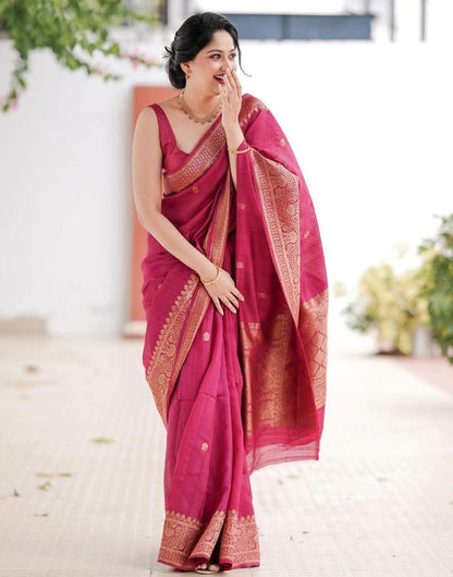 Dark Pink Banarasi Soft Silk Saree With Zari Weaving Work