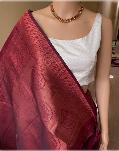 Maroon Banarasi Soft Silk Saree With  Weaving Work