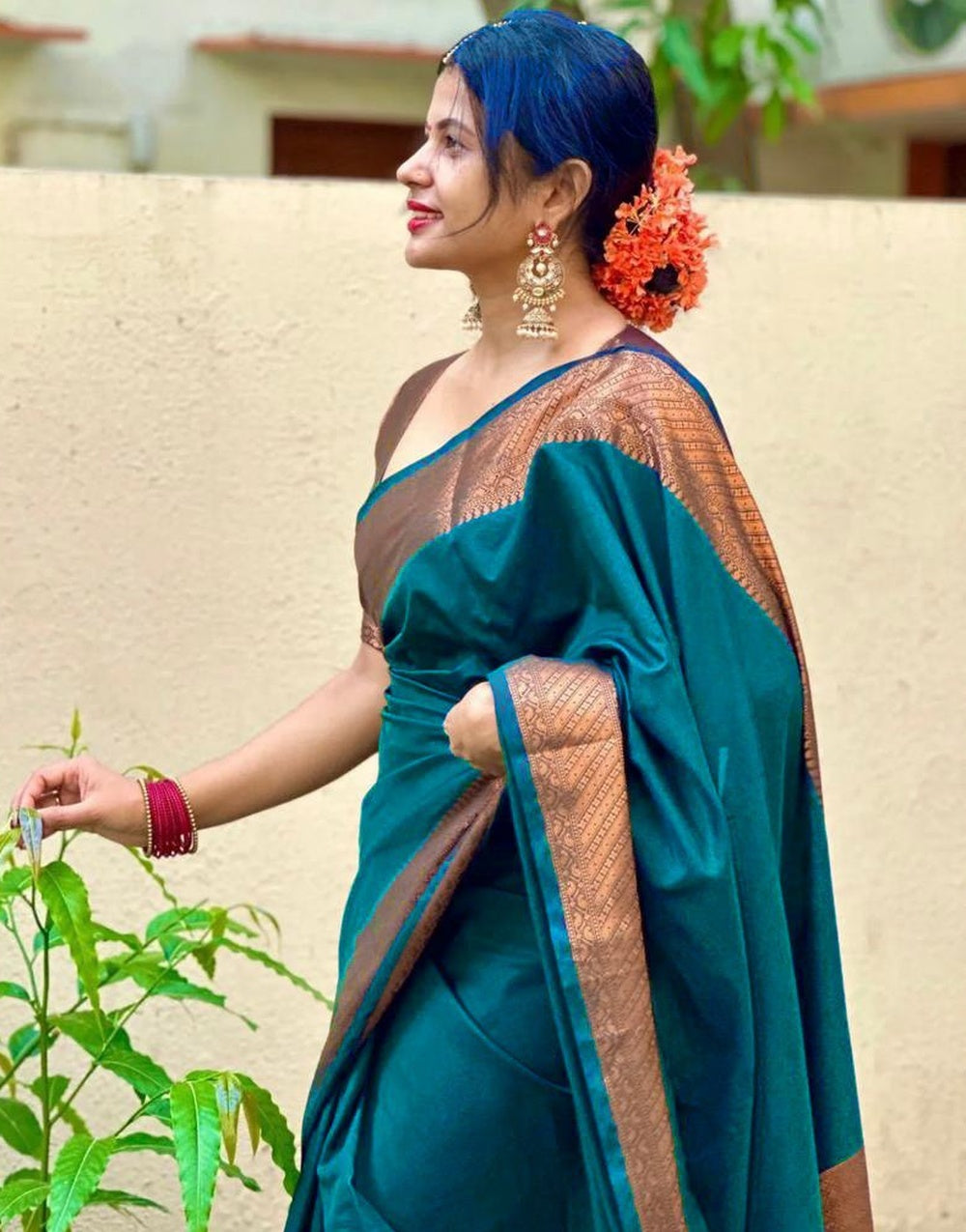 Firozi Banarasi Soft Silk Saree With Zari Weaving Work