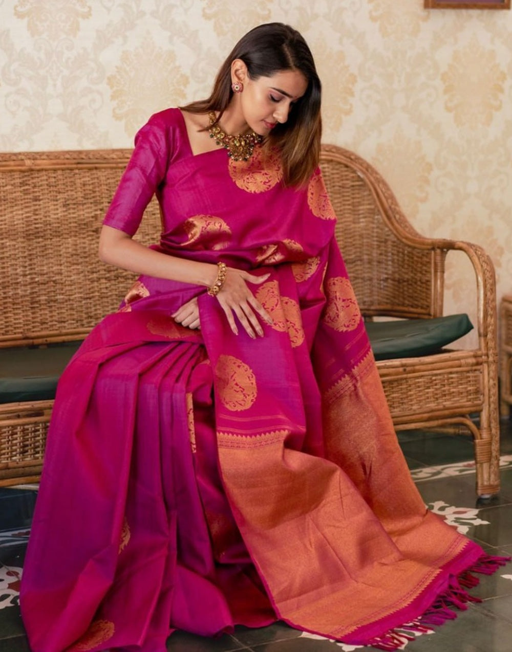 Dark Pink Soft Banarasi Silk Saree With Zari Weaving Work