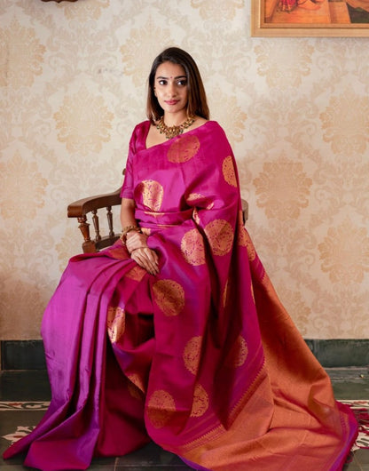 Dark Pink Soft Banarasi Silk Saree With Zari Weaving Work