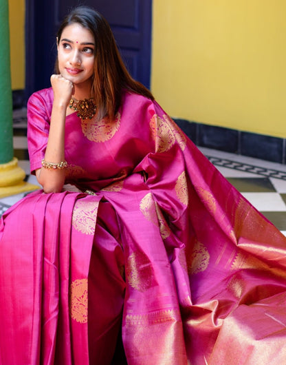 Dark Pink Soft Banarasi Silk Saree With Zari Weaving Work