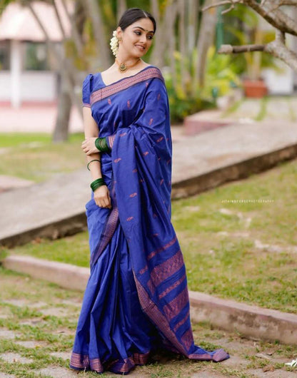 Navy Blue Banarasi Soft Silk Saree With Weaving Work