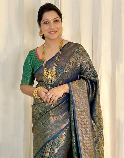 Teal Green Banarasi Soft Silk Saree With Weaving Work