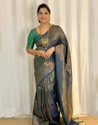 Teal Green Banarasi Soft Silk Saree With Weaving Work