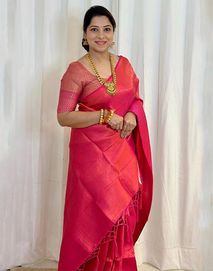 Pink Banarasi Soft Silk Saree With Weaving Work