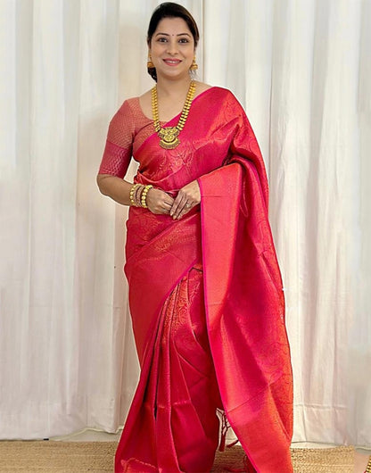 Pink Banarasi Soft Silk Saree With Weaving Work