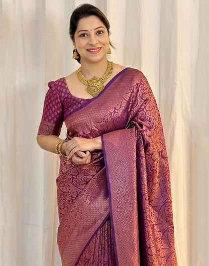 Wine Banarasi Soft Silk Saree With Weaving Work