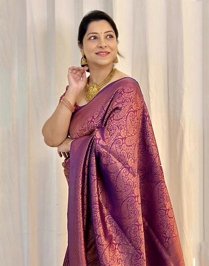 Wine Banarasi Soft Silk Saree With Weaving Work