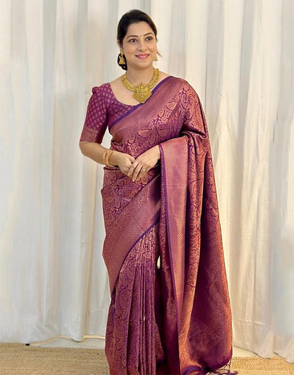 Wine Banarasi Soft Silk Saree With Weaving Work