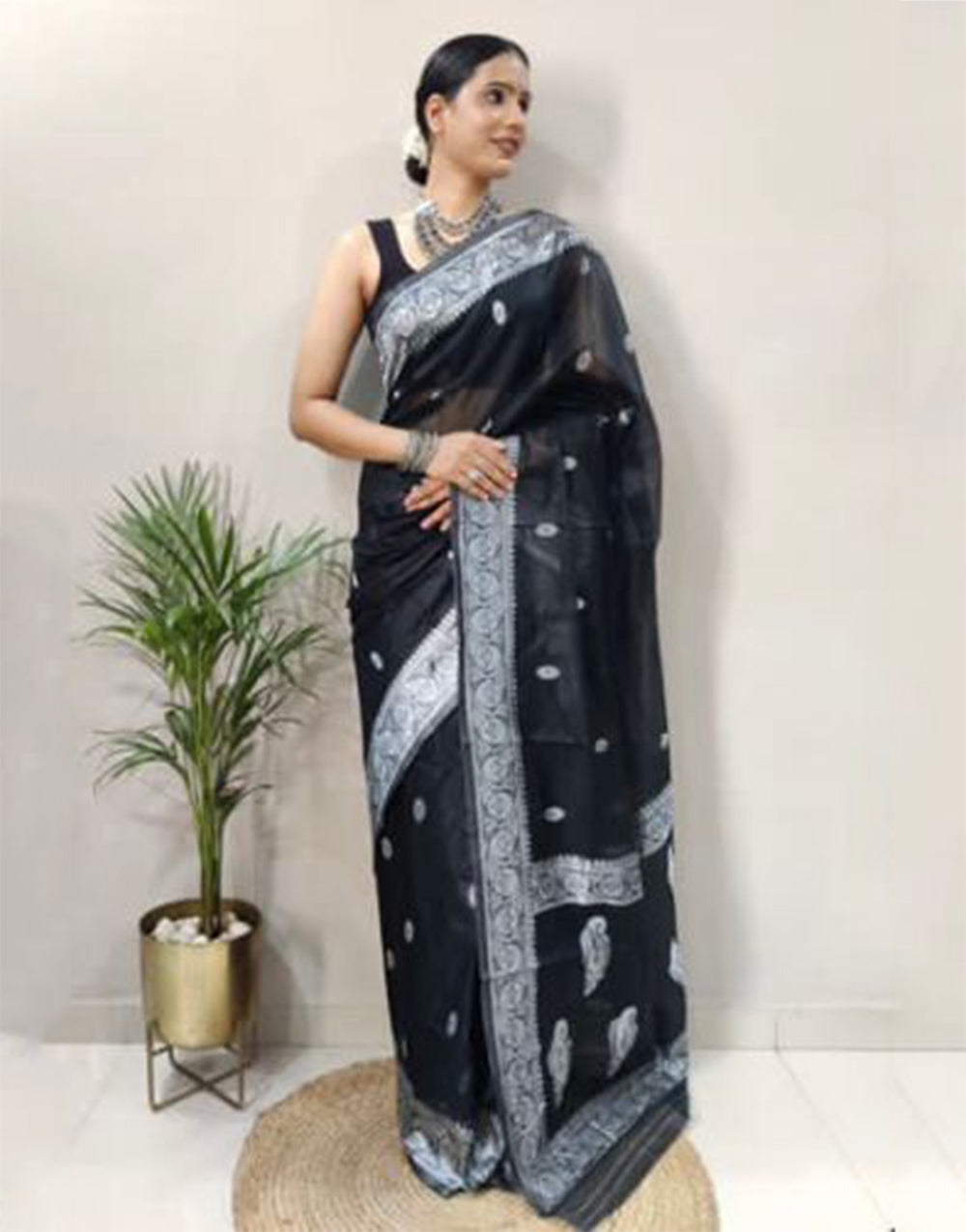 Black Cotton Silk Saree With Weaving Work