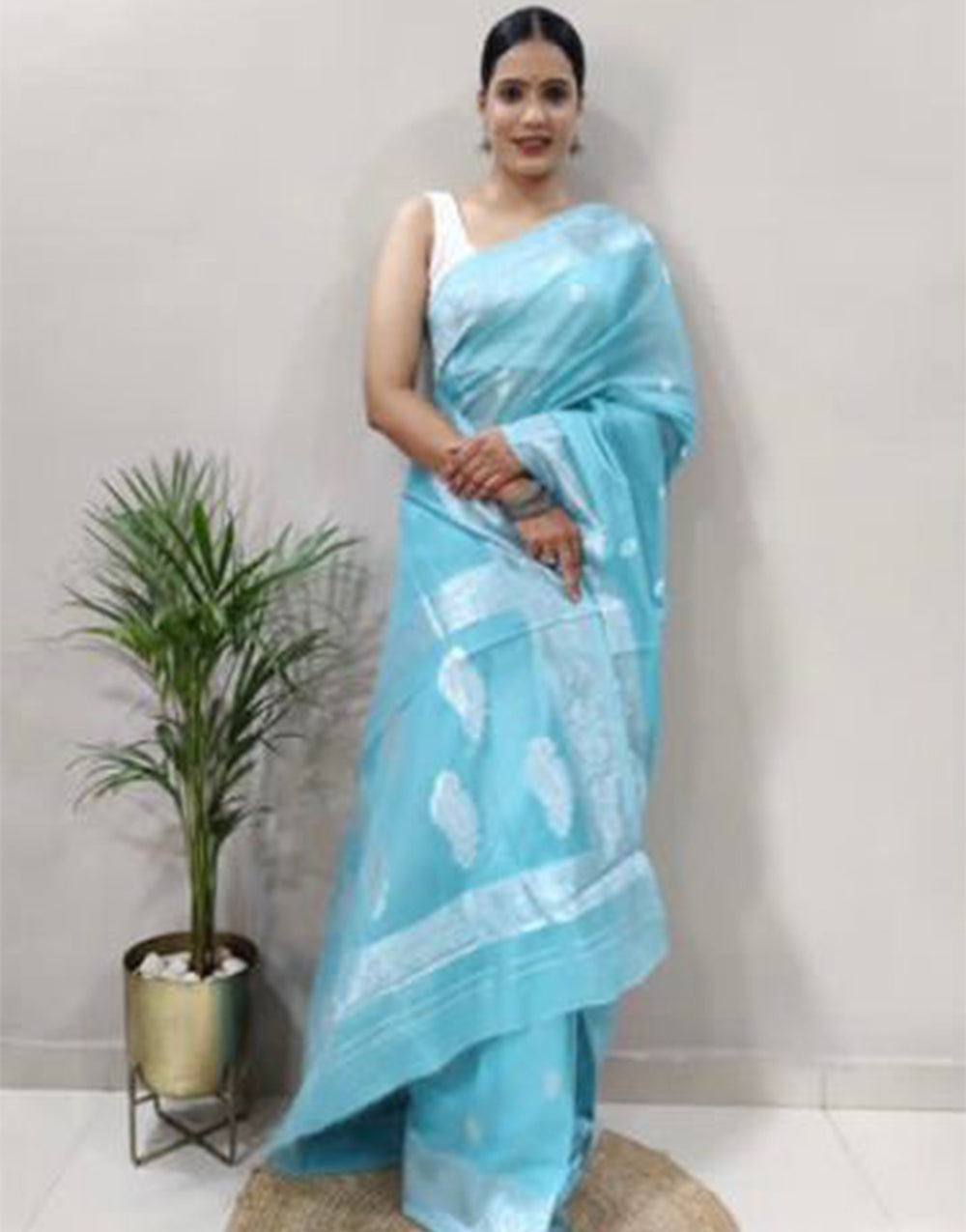Sky Blue Cotton Silk Saree With Weaving Work