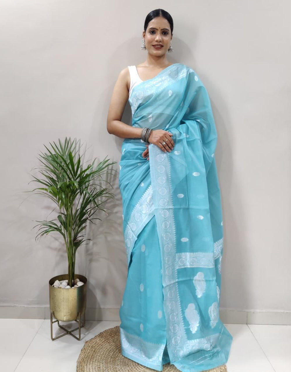 Sky Blue Cotton Silk Saree With Weaving Work