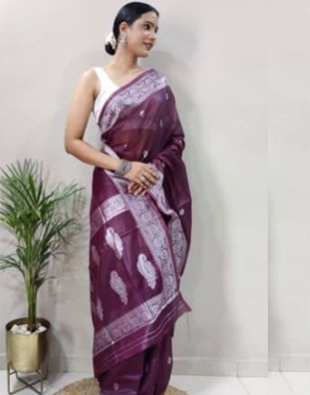 Wine Cotton Saree With Weaving Work