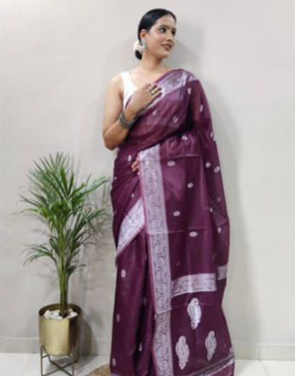 Wine Cotton Saree With Weaving Work