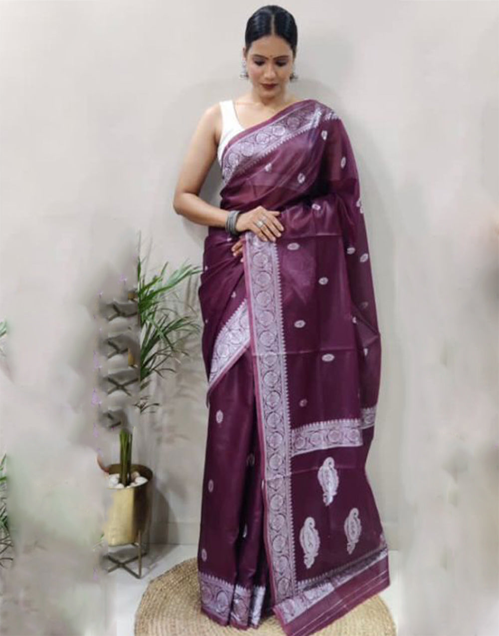 Wine Cotton Saree With Weaving Work