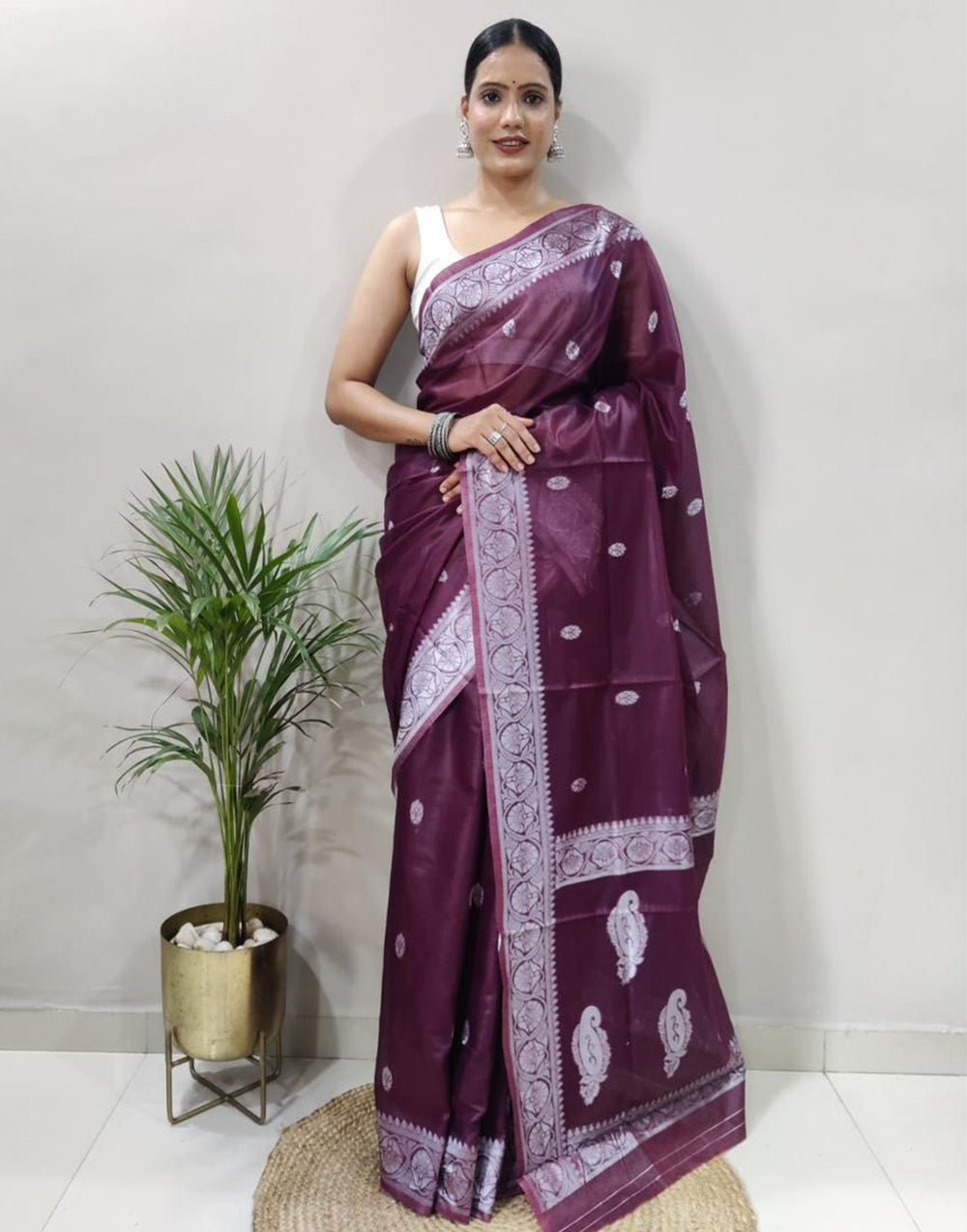 Wine Cotton Saree With Weaving Work