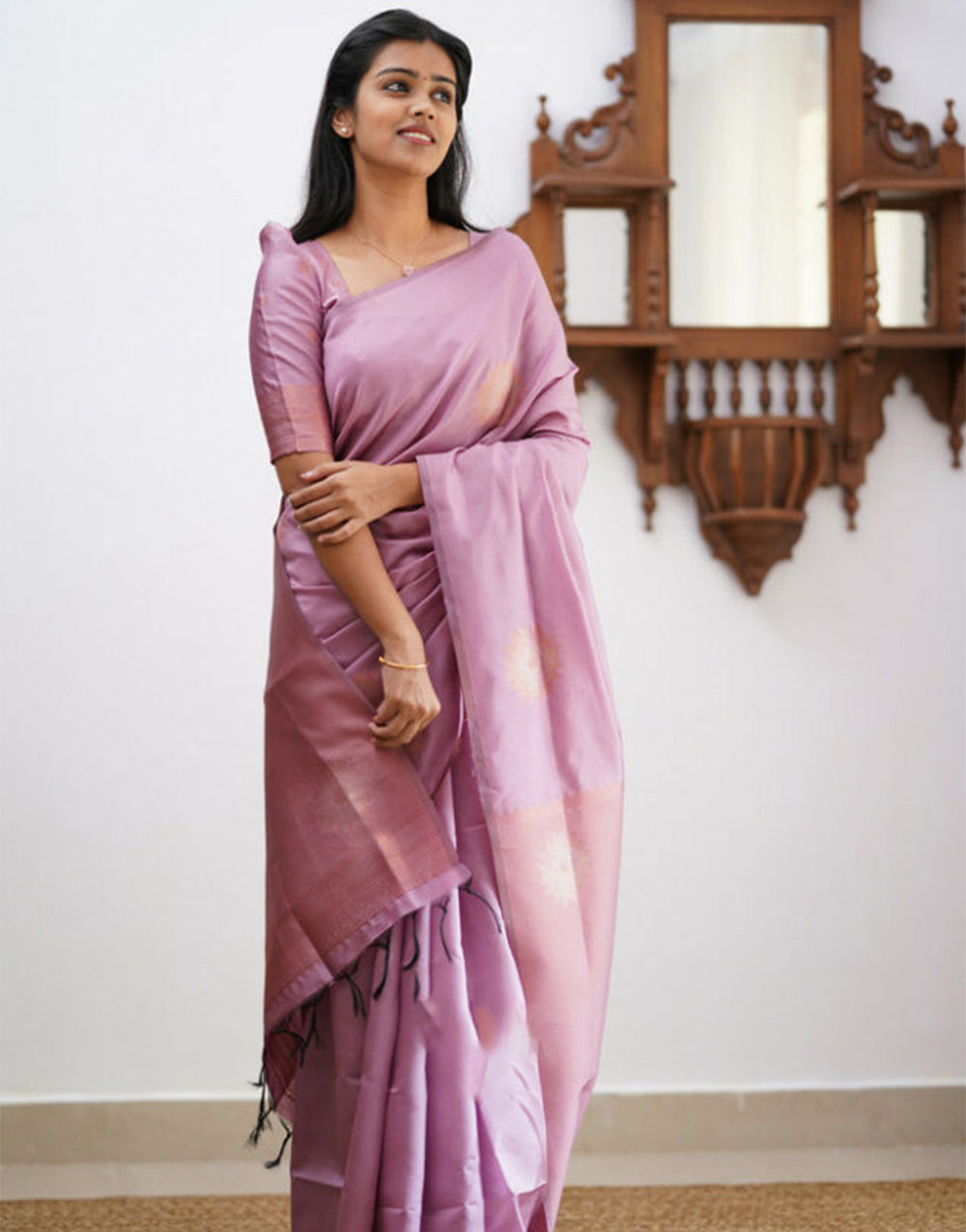 Onion Pink Banarasi Silk Saree With Weaving work