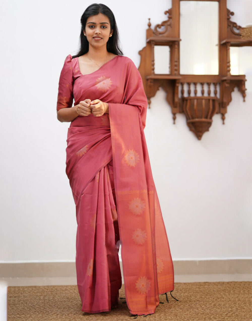 Peachish Pink Banarasi Silk Saree With Weaving work