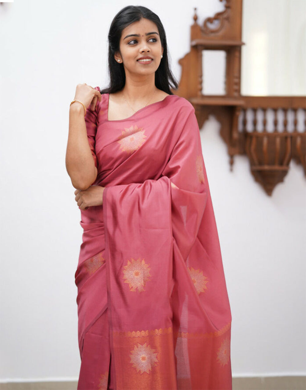 Peachish Pink Banarasi Silk Saree With Weaving work