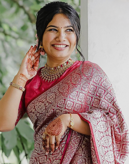 Rose Pink Banarasi Silk Saree With Weaving Work