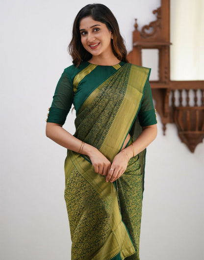 Dark Green Banarasi Soft Silk Saree With Weaving Work