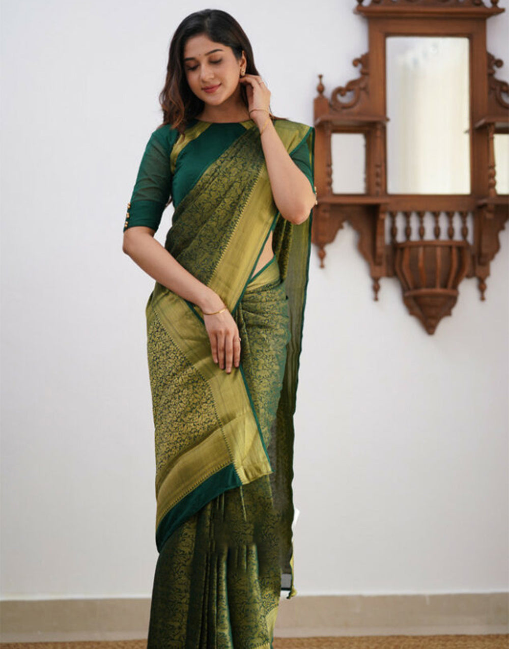 Dark Green Banarasi Soft Silk Saree With Weaving Work