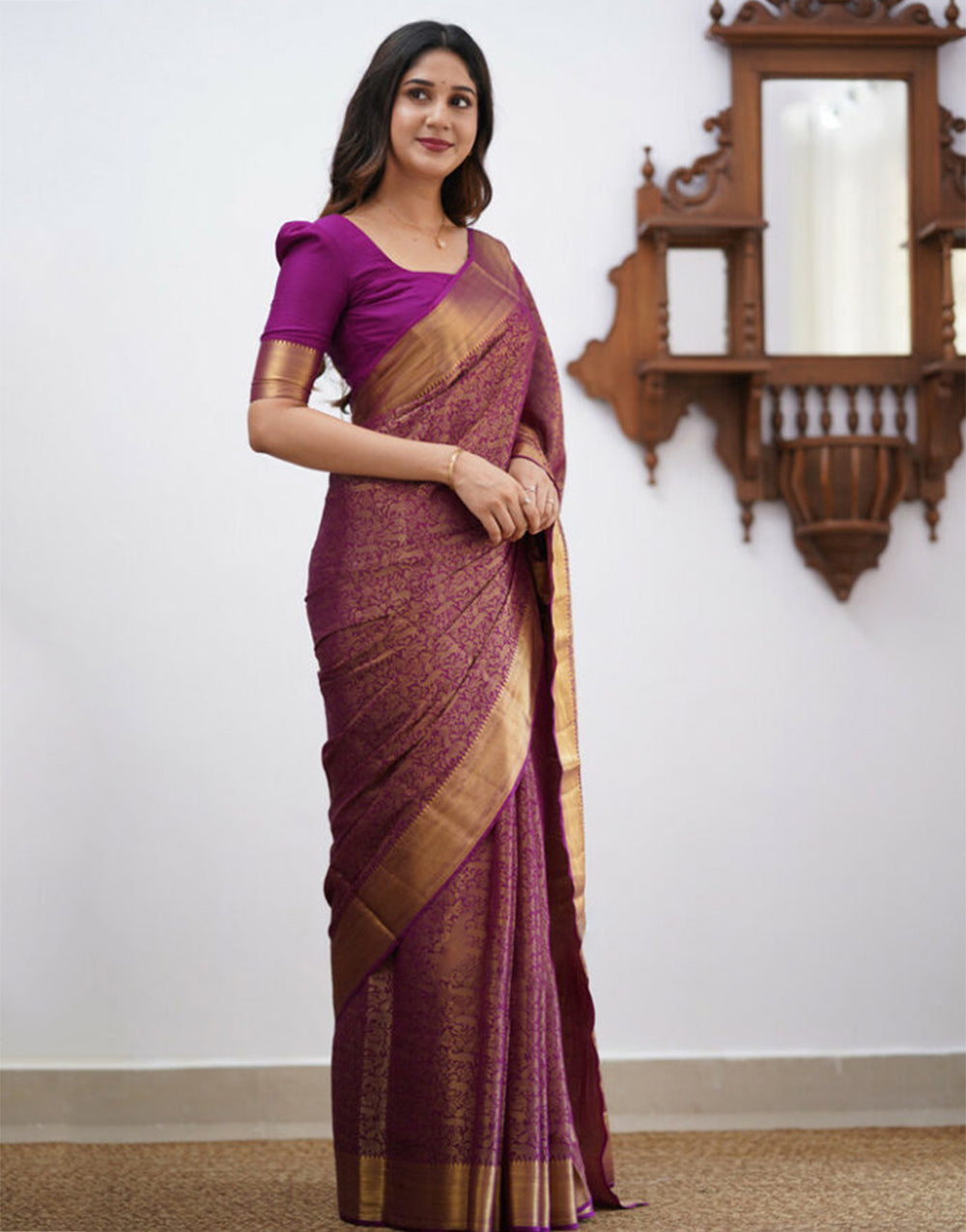 Magenta Banarasi Soft Silk Saree With Weaving Work