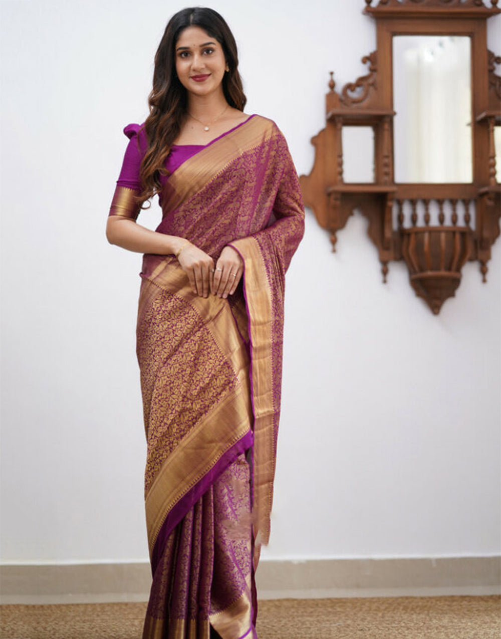 Magenta Banarasi Soft Silk Saree With Weaving Work