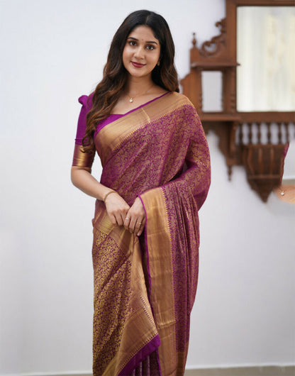 Magenta Banarasi Soft Silk Saree With Weaving Work