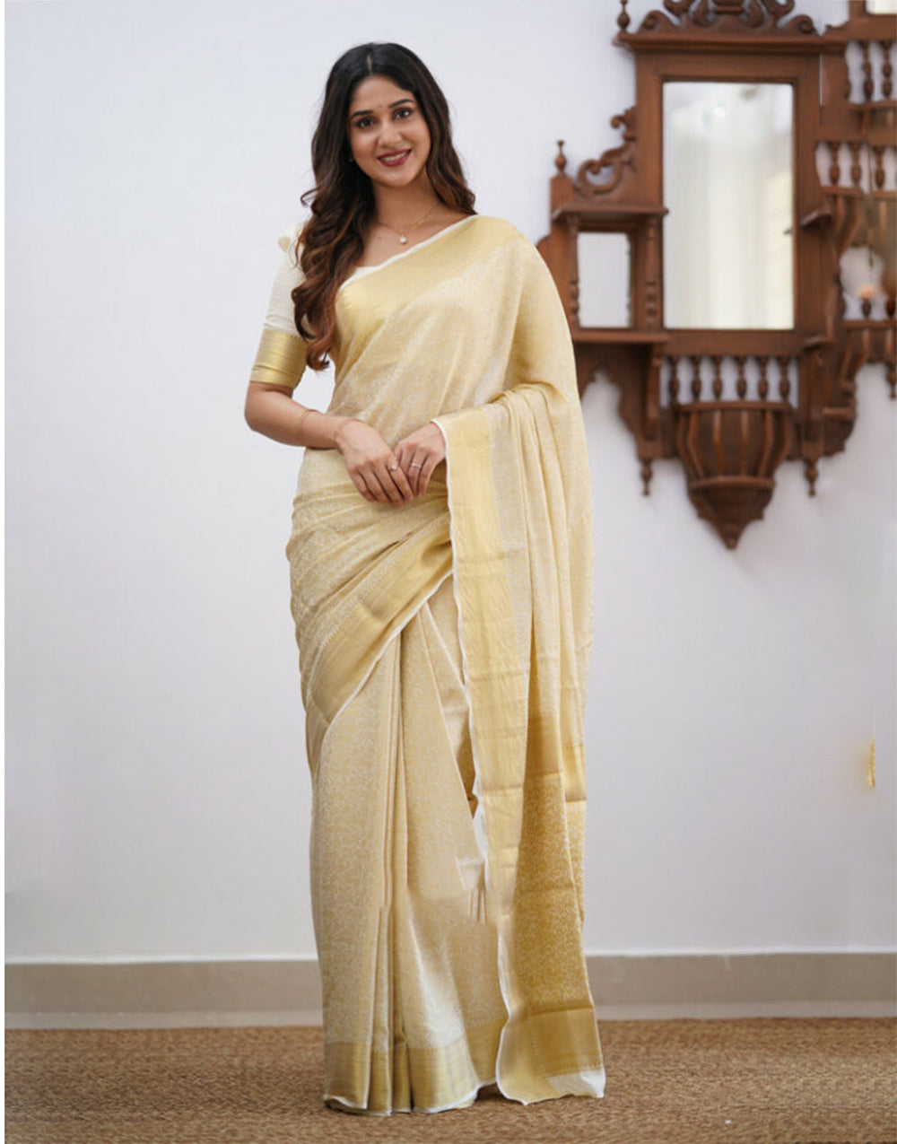 Off-White Banarasi Soft Silk Saree With Weaving Work