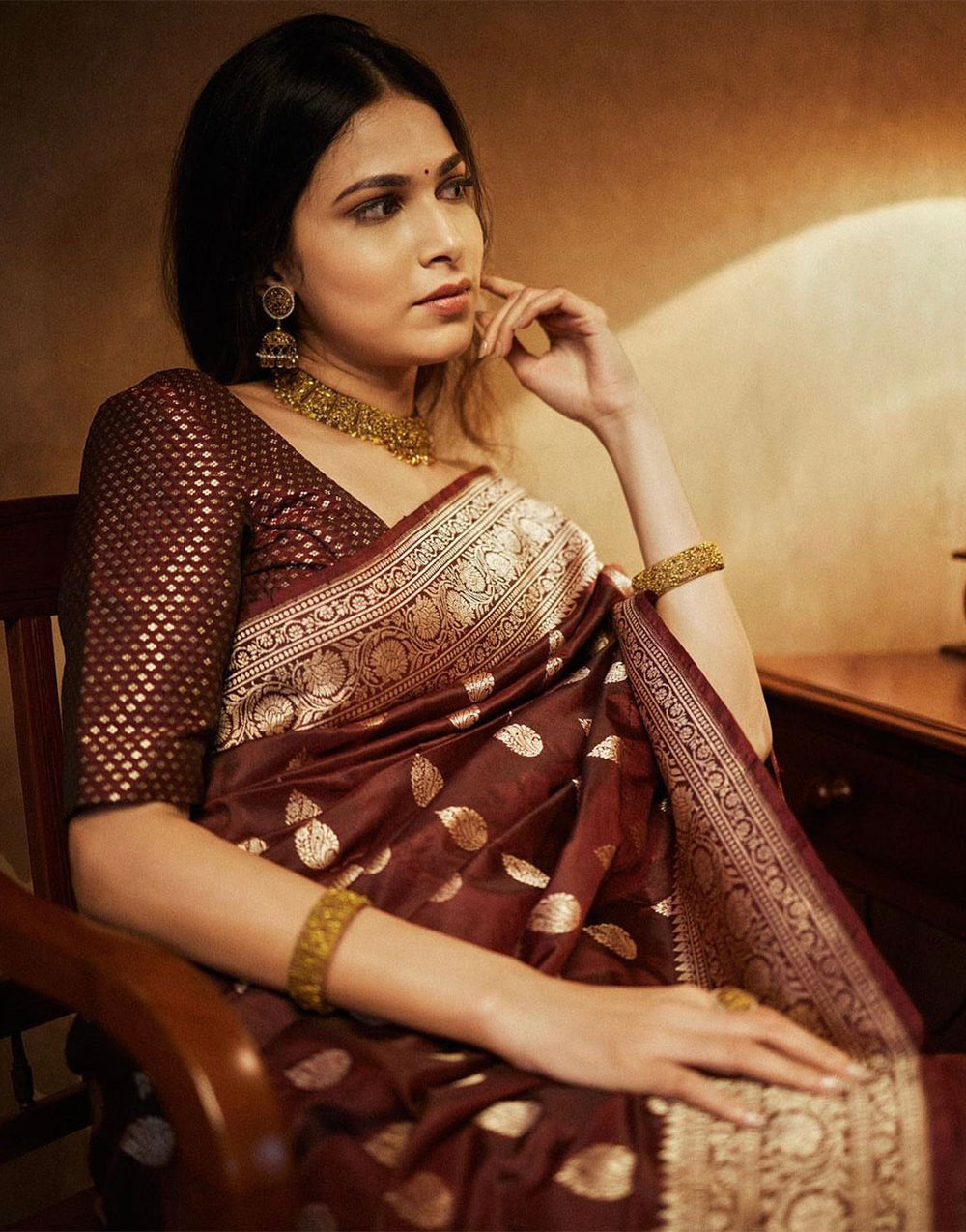 Caramal Brown Banarasi Silk Saree With Weaving work