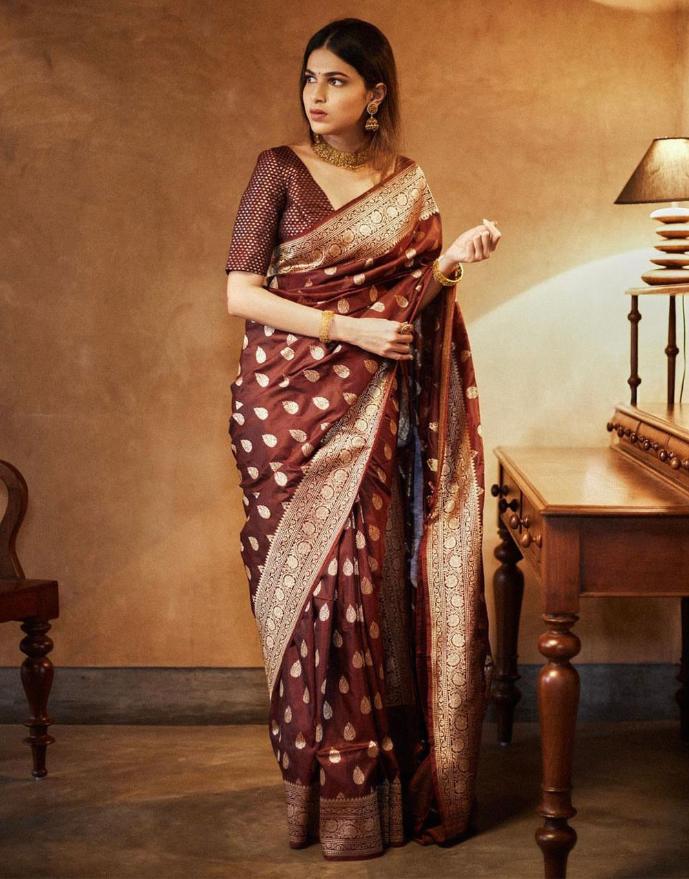 Caramal Brown Banarasi Silk Saree With Weaving work