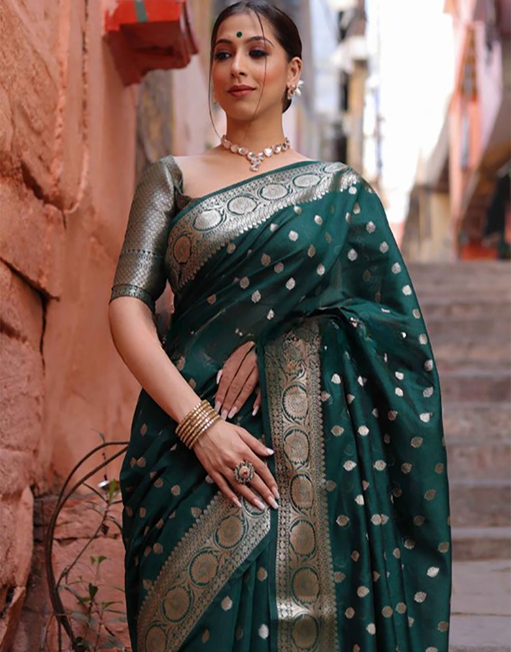 Green Banarasi Silk Saree With Zari Weaving Work