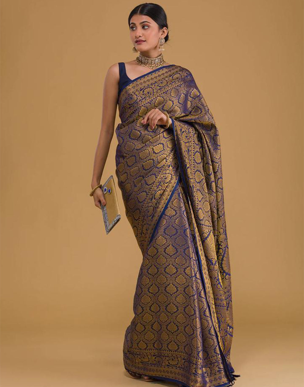 Blue Banarasi Silk With Copper Zari Weaving Work