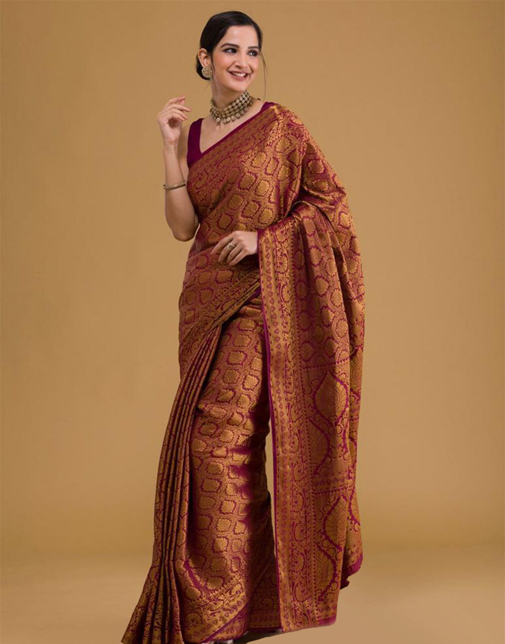 Maroon Banarasi Silk With Copper Zari Weaving Work