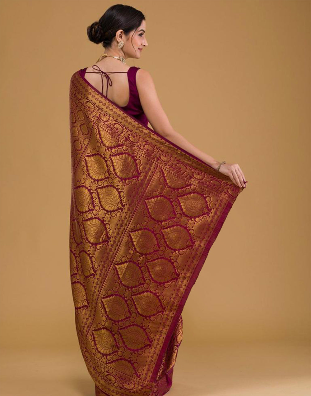 Maroon Banarasi Silk With Copper Zari Weaving Work