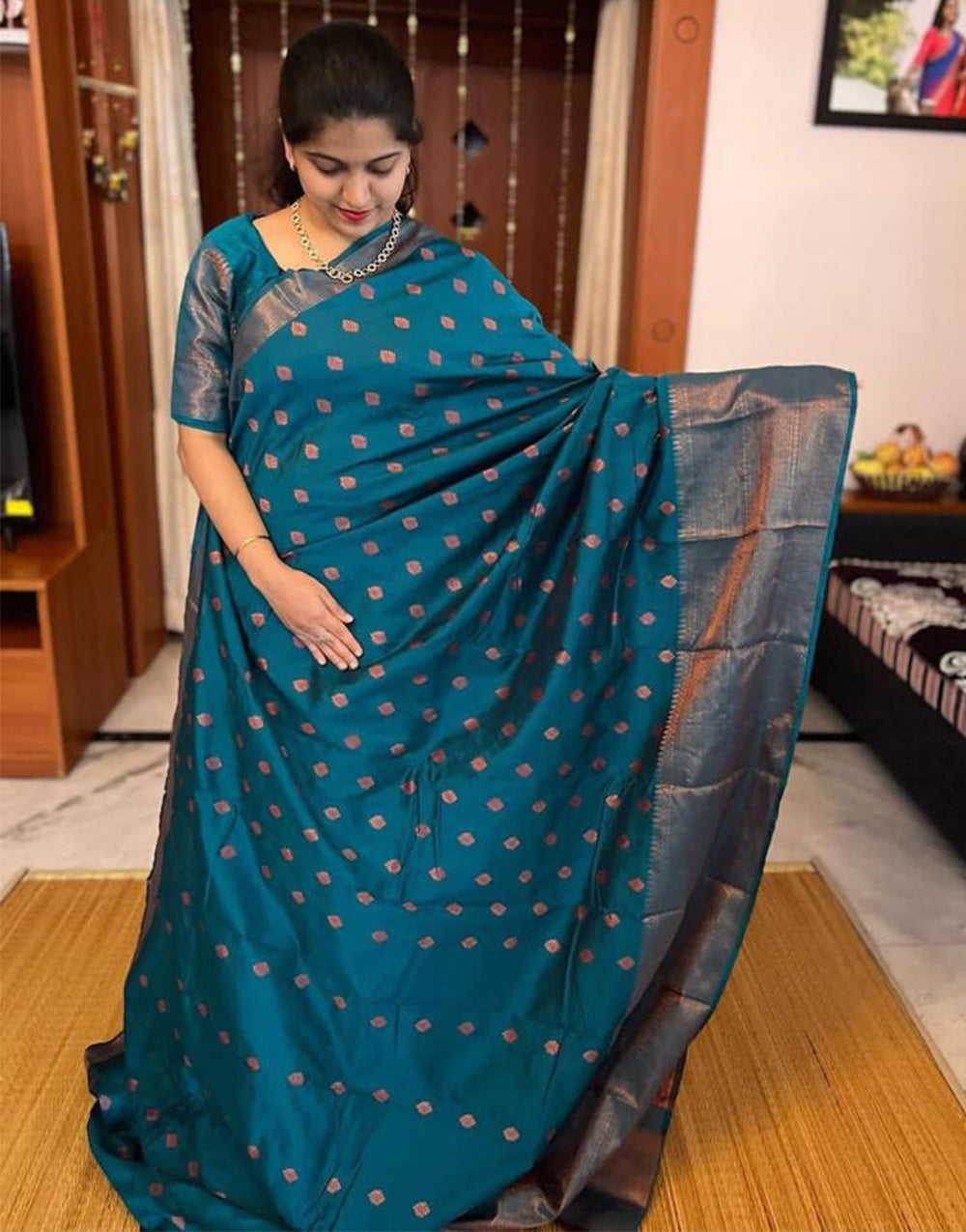 Teal Blue Banarasi Silk Saree With Zari Weaving Work