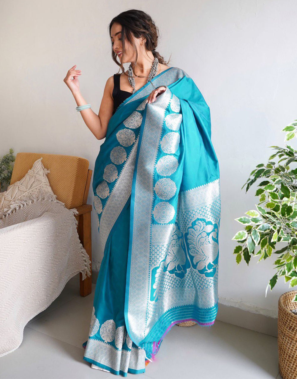 Sky Blue Banarasi Silk Saree With Zari Weaving Work