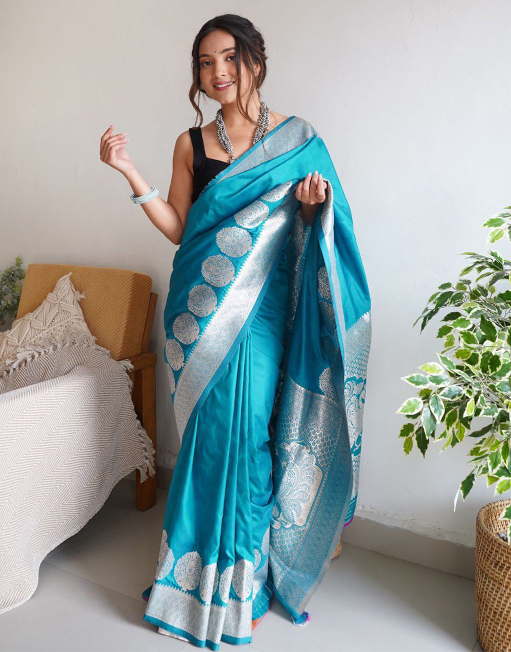 Sky Blue Banarasi Silk Saree With Zari Weaving Work