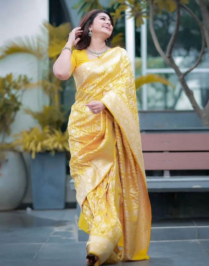 Yellow Banarasi Soft Silk Saree With Zari Weaving Work