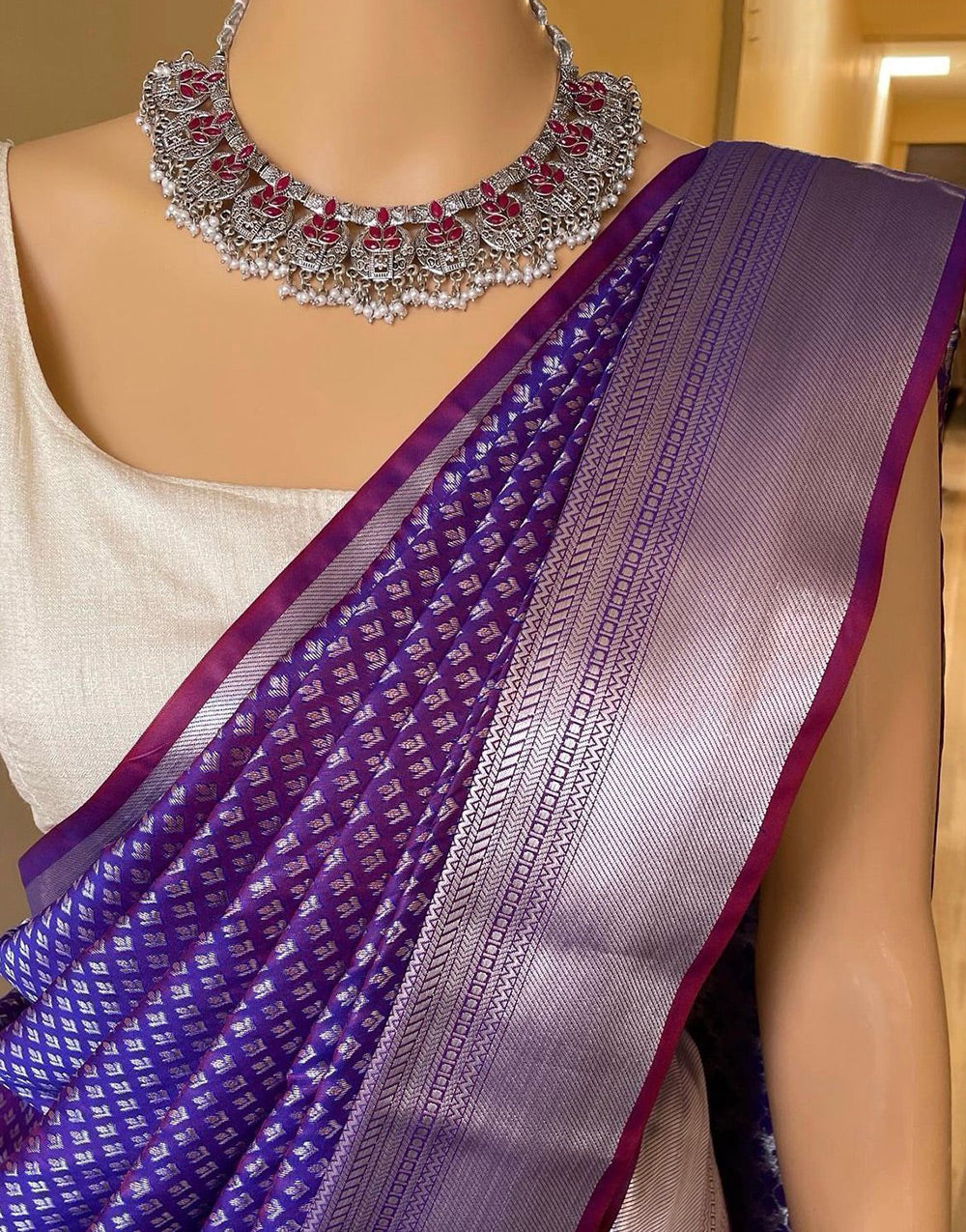 Dark Purple Banarasi Soft Silk Saree With Zari Weaving Work