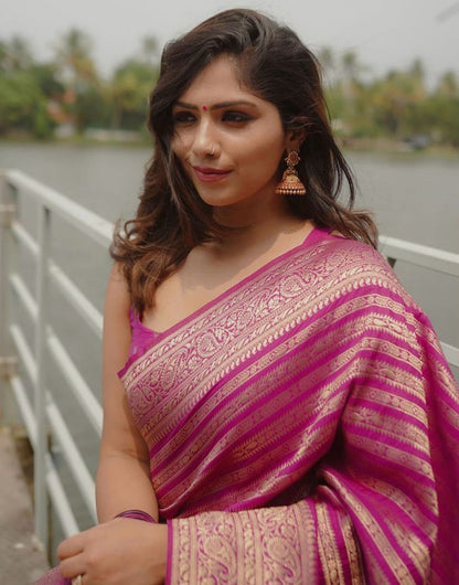 Pink Banarasi Soft Silk Saree With Zari Weaving Work