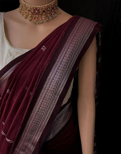 Dark Maroon Banarasi Silk Saree With Zari Weaving Work