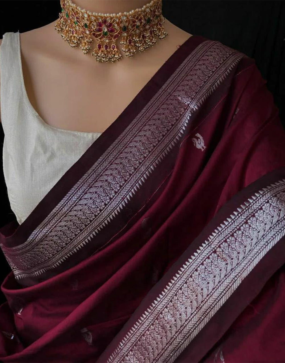 Dark Maroon Banarasi Silk Saree With Zari Weaving Work